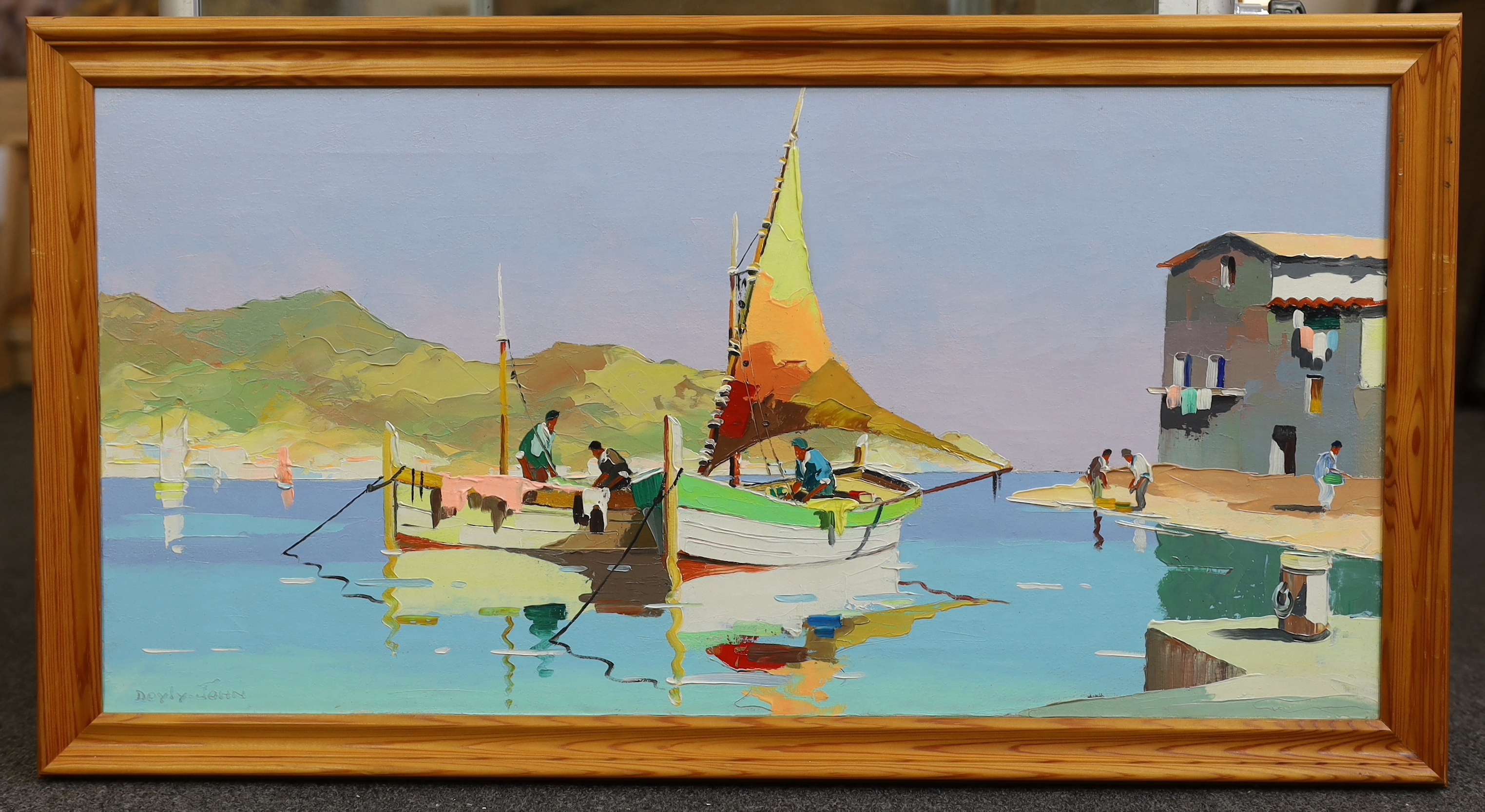 Cecil Rochfort D'Oyly John (English, 1906-1993), 'Fishing boats on a Mediterranean coast', oil on canvas, 34 x 70cm